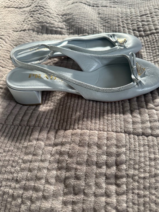 Prada Shoes - Prada Light Blue Slingback Block Heel Pumps